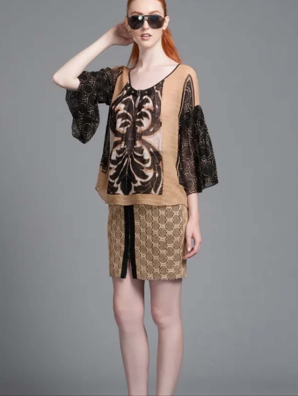 Tracy Reese Beige & Black Silk Graphic Print Pullover Petite Tunic Top